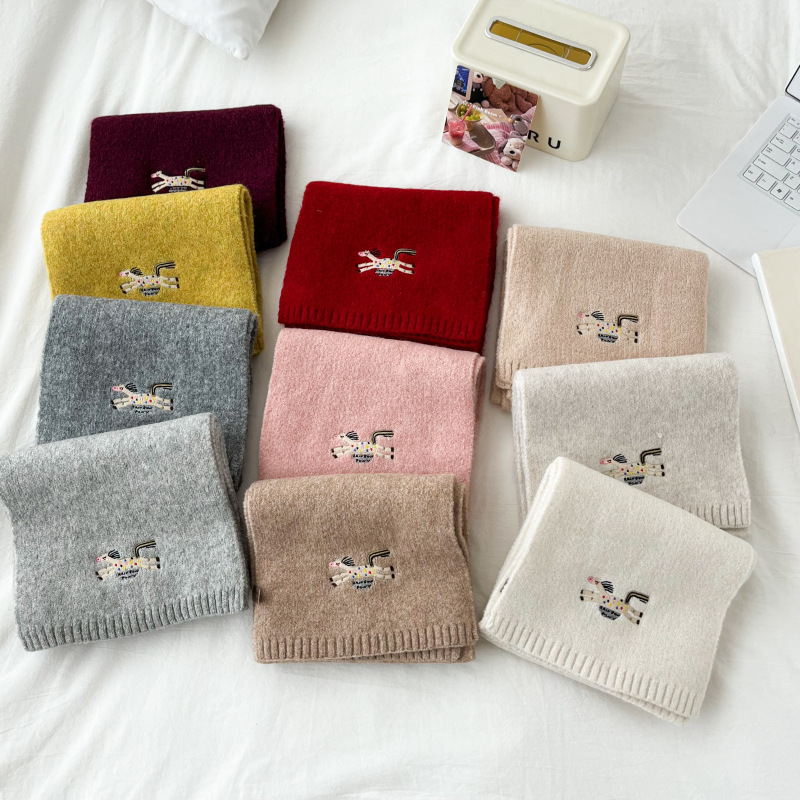 Wool Scarf Men - Cozy Knit Scarf with Embroidered Horse